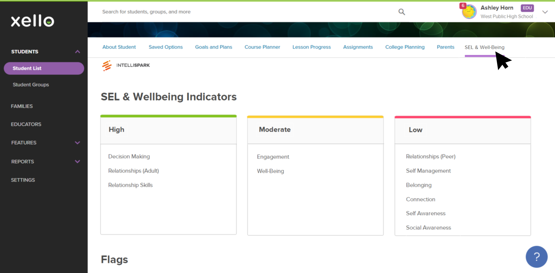 Cursor in the student profile hovering over SEL & Wellbeing tab